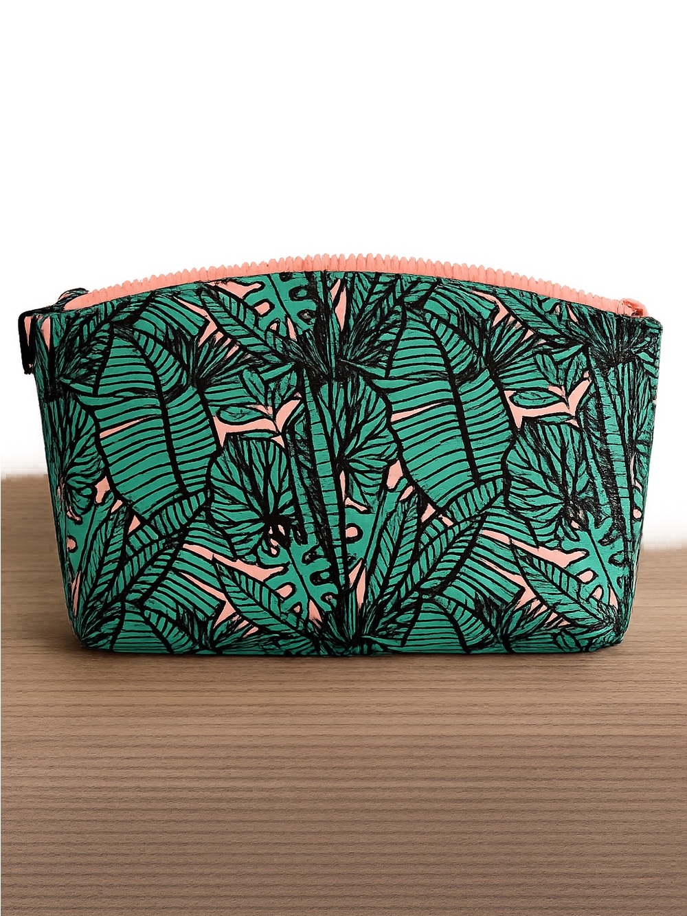 Ipsy Tropical Leaf Makeup Bag Teal/Coral Pink Cosmetic Travel Pouch